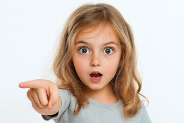Portrait capturing a surprised little girl pointing her finger with wide eyes and an open mouth against a clean white background