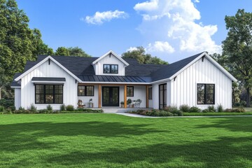 Obraz premium Modern farmhouse in a serene rural setting showcasing a spacious front porch and lush green lawn under a bright blue sky
