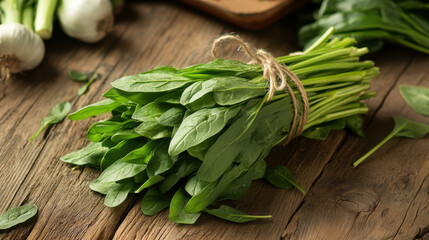 Freshly Harvested Spinach Bundle Tied with Twine on Wooden Table Surrounded by Fresh Vegetables and Garlic in a Rustic Kitchen Environment