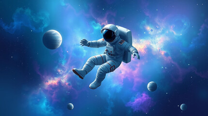 An astronaut floating in space, with planets and stars around them