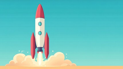 Fototapeta premium Small rocket ship launching from a sleek engineering launchpad, surrounded by advanced technology and innovative designs, in a clear blue sky, representing the future of space exploration