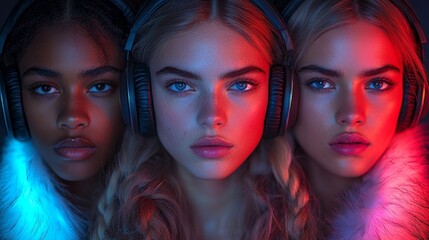 Fototapeta premium A group of people enjoying music or podcasts through their headphones, ideal for advertising music streaming services.