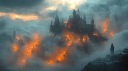Fiery castle shrouded in mist atop a mountain.