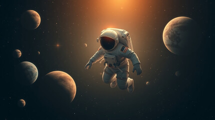 An astronaut floating in space, with planets and stars around them