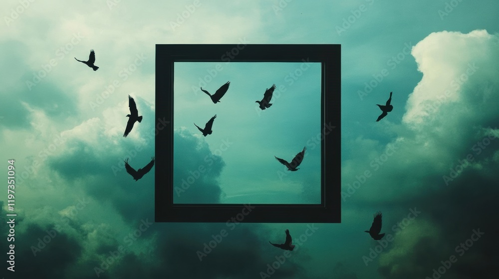 Aufkleber creative design featuring birds flying through a square frame against a dramatic sky. generative ai