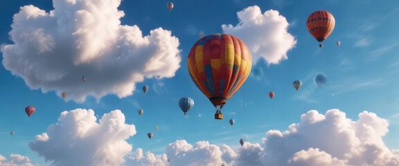 Fototapeta premium Air balloons drifting lazily across a bright blue sky with a few wispy clouds scattered about, wispy clouds, peaceful atmosphere, serene scene