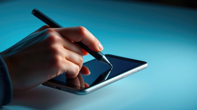 AA person's hand wraps around a stylus pen and gently taps on a phablet's screen, digital tool, creative expression, precise control
