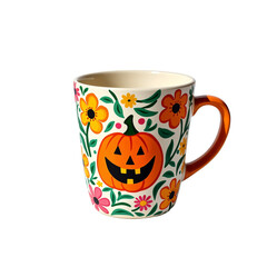 cheerful ceramic mug decorated with a jack-o'-lantern and colorful flowers