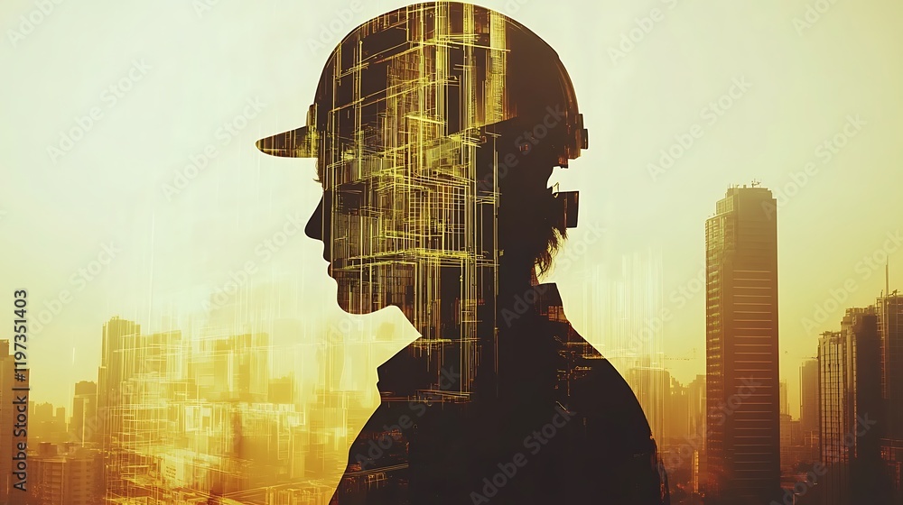 Poster an engineer with a digital tablet, blending with architectural designs and 3d models of buildings in