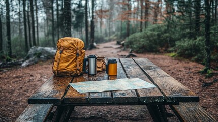 Camping setup in a forest with tents and equipment during a misty morning