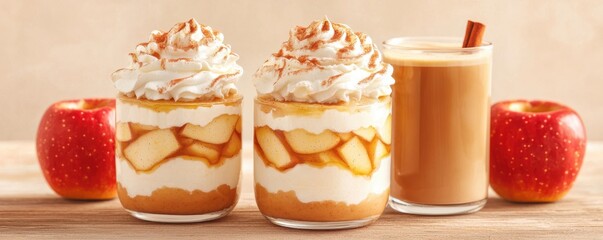 Cinnamon latte and apple pie pairing concept. Delicious apple dessert cups with whipped cream and apple cider drink