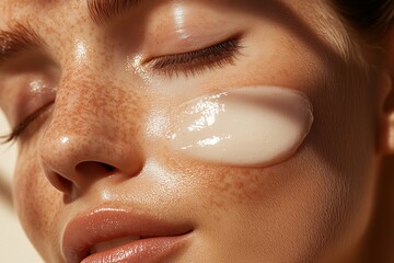 Close-up of a woman applying a skincare product on her cheek in soft lighting