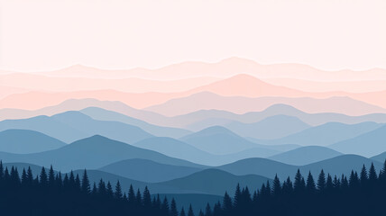 Obraz premium Scenic mountains layered in misty blue haze with silhouette forest ridge beneath pink dawn sky creates peaceful wilderness landscape