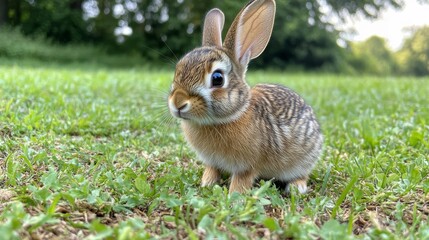 Fototapeta premium Small rabbit exploring green grass in a sunny park during late afternoon