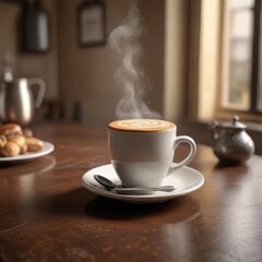 Fototapeta premium A steaming cup of coffee with cornetti on a ceramic table, morning, coffee and pastry, ceramic