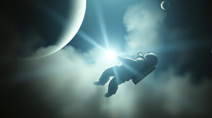 An astronaut floating in space, with planets and stars around them