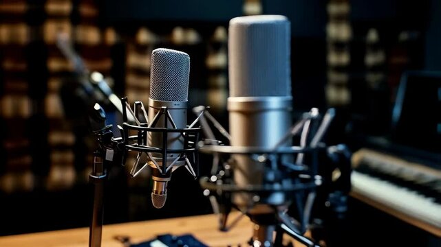 two microphones in modern recording studio 