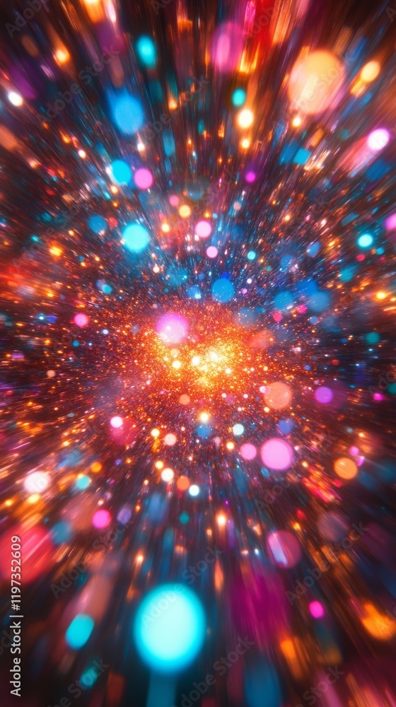 Poster colorful abstract burst of lights creating a dynamic and vibrant visual effect in a dark background