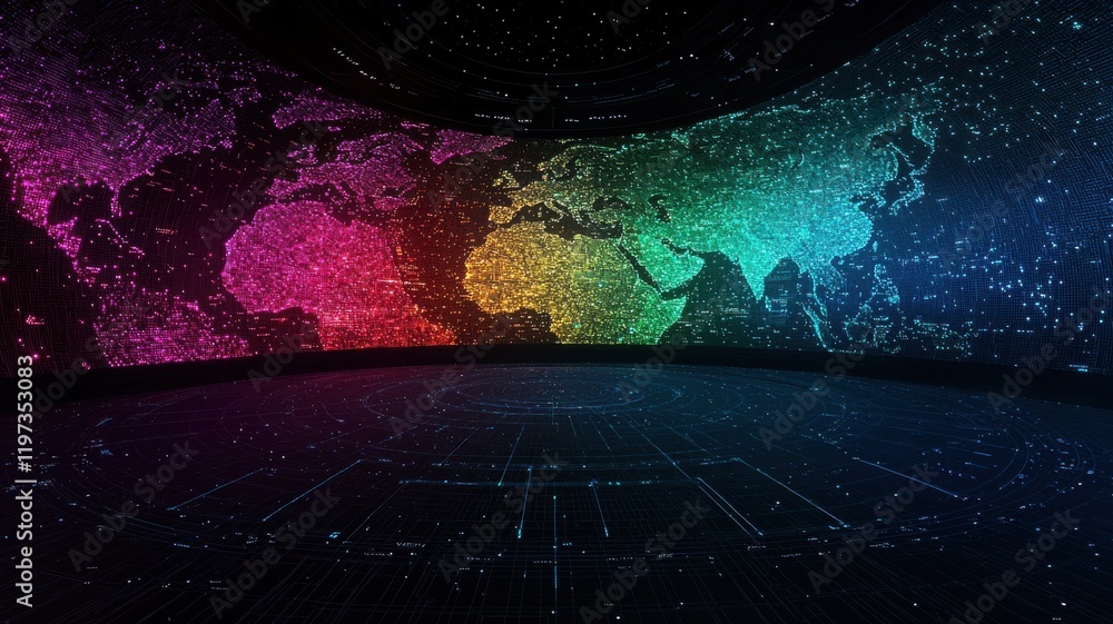 Poster a vibrant, digital world map displayed on a dark background, showcasing colorful data points in a fu