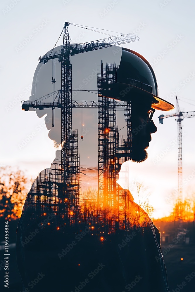 Poster an engineer with a hard hat, overlaid with a construction site and towering cranes in a double expos