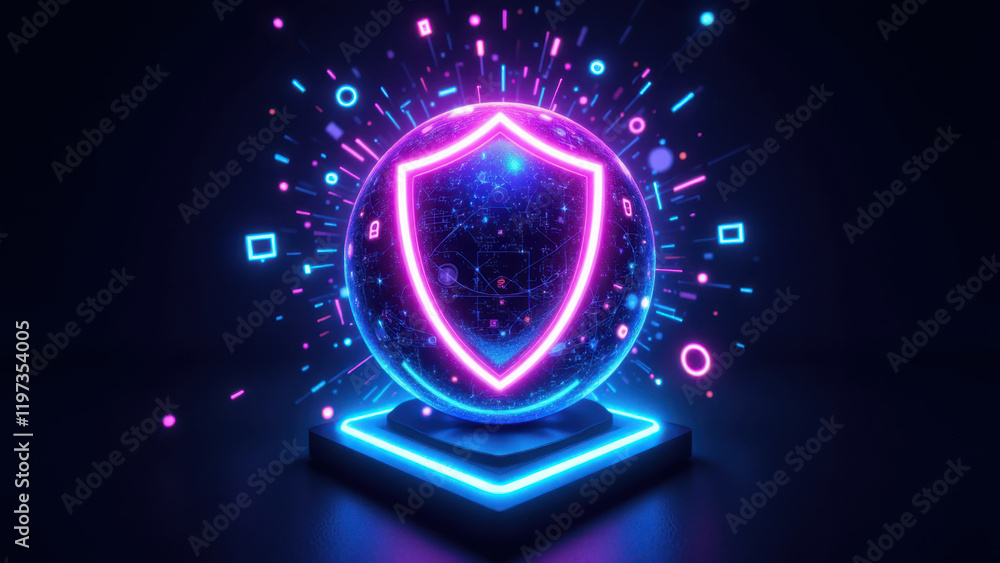 Poster a futuristic digital shield with a vibrant light display symbolizing internet security and cybersecu