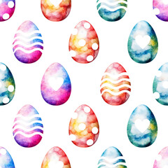 Colored watercolor Easter eggs on white background.  Easter seamless pattern, vector illustration.  Texture for fabric, wrapping, wallpaper, print