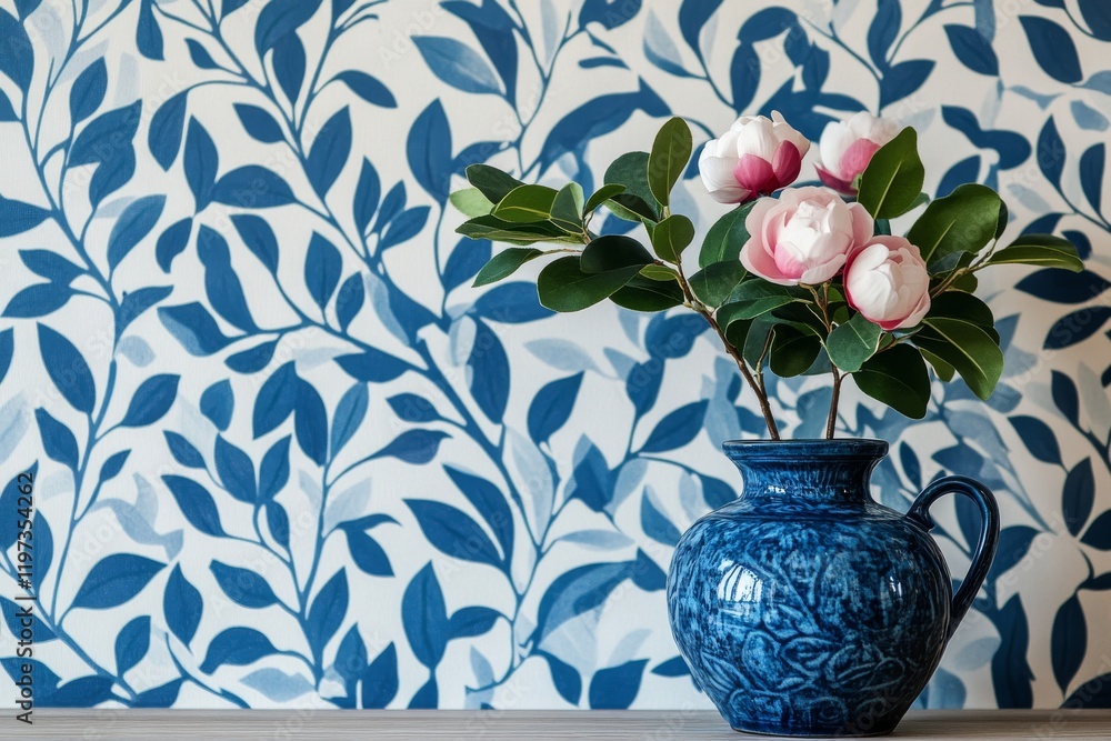 Aufkleber blue background with delicate white and light blue leaf patterns creating a calming atmosphere