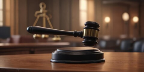 A black gavel rests on a wooden pedestal in a dimly lit courtroom, darkness, judicial, stone floor