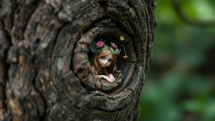 Obraz premium A tiny fairy's head and shoulders protrude from a knothole in a gnarled tree trunk, her hair a wild tangle of vines and flowers, foliage, wildlife, tree