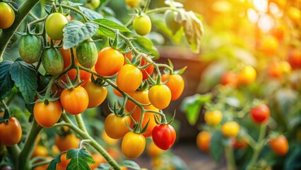 A tomato plant with yellow and orange flowers blooming in the garden, blooming, landscape, vegetables
