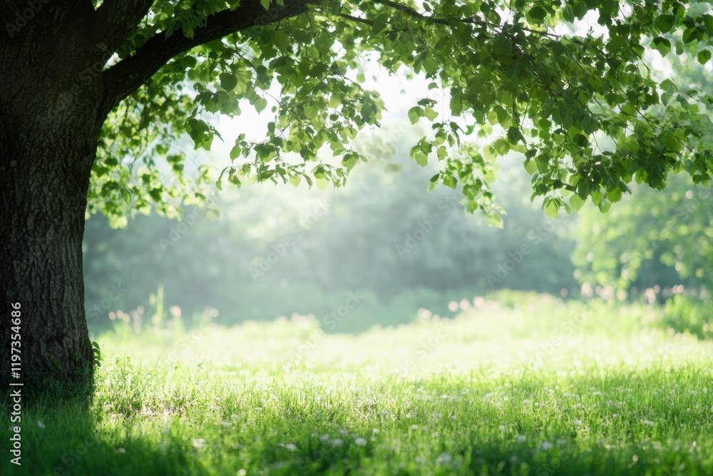 Fototapete Natural setting with lush green trees and sunlight creating a serene atmosphere in a peaceful outdoor space. Generative AI