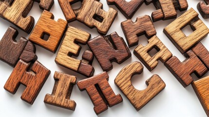 Unique wooden letters arranged creatively for educational or decorative purposes on a light background