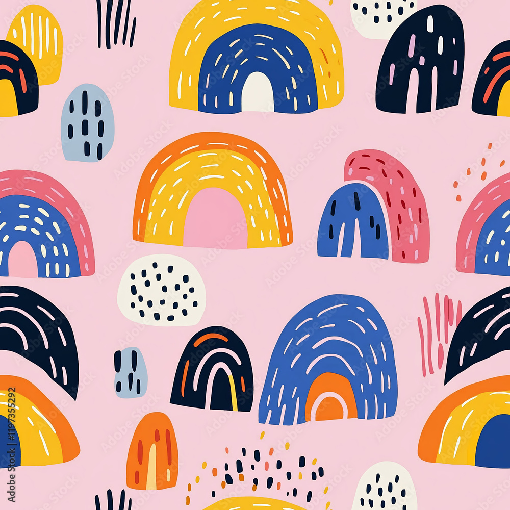 Poster hand-drawn rainbow texture with colorful patterns on a pink background