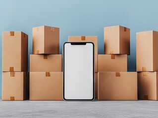 Unpacking technology smartphone display surrounded by cardboard boxes in a modern warehouse setting