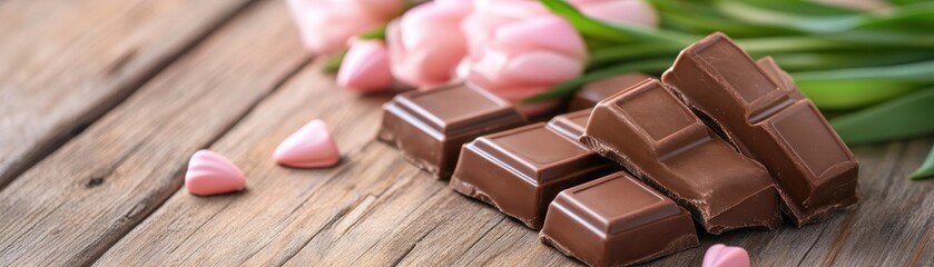 Naklejka premium A sweet Valentine combination of fresh flowers and exquisite chocolates, symbolizing love, perfect for romantic gifting These beautiful pink tulips and rich dark chocolate create a luxurious and