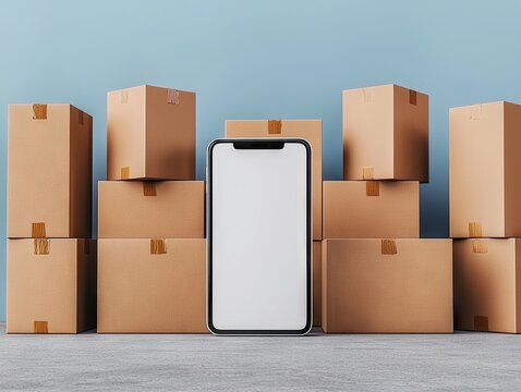 Unpacking technology smartphone display surrounded by cardboard boxes in a modern warehouse setting - Powered by Adobe