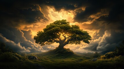 Solitary Tree Standing Tall in Open Field Under Dramatic Cloudy Sky Evoking Feelings of Peacefulness and Connection to Nature in Tranquil Landscape