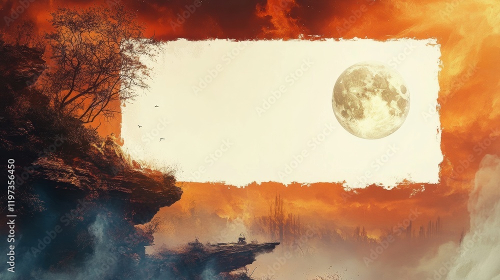 Poster vibrant landscape with bright moon and empty space for text in a dramatic sunset background. generat