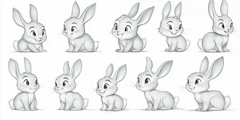 Fototapeta premium Cute bunny character designs showcasing various expressions and poses in a playful and whimsical style for animation projects