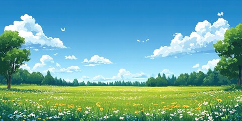 Fototapeta premium Bright summer meadow with blooming flowers under a clear blue sky during mid-afternoon