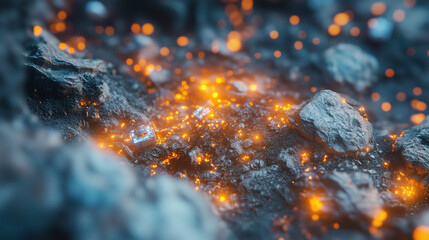 Dynamic asteroid field with glowing elements scattered among rocky textures and debris