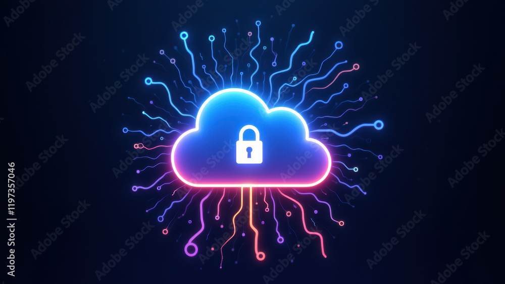 Poster a vibrant digital illustration depicting a cloud with an encryption lock symbol, emphasizing interne