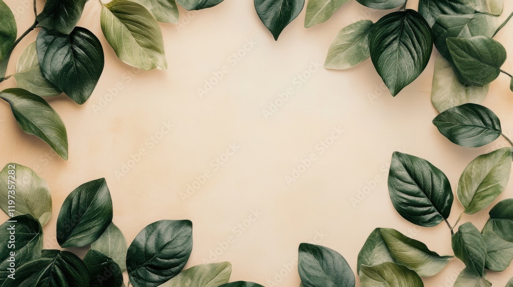 Aufkleber Elegant arrangement of green leaves creating a natural frame for text on a light background. Generative AI