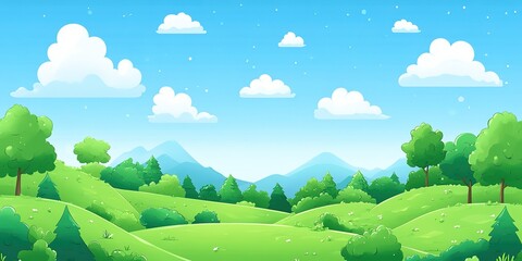 Obraz premium Vibrant green landscape with rolling hills and fluffy clouds under a bright blue sky