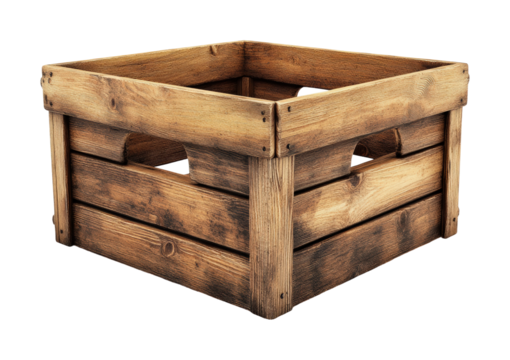 Wooden crate basket displayed on high fidelity simplistic style product isolated on transparent background png