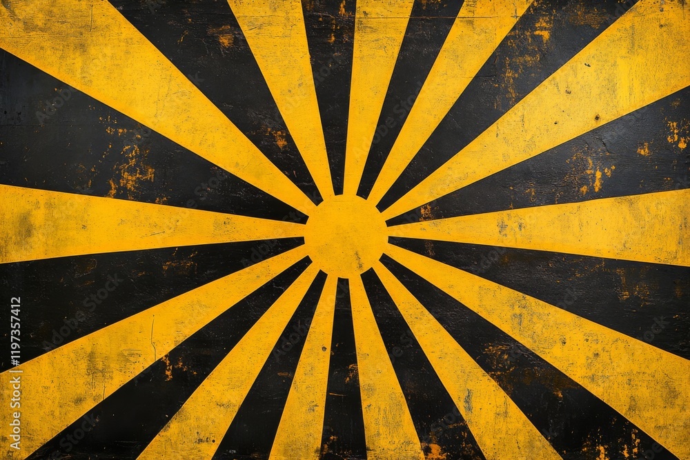 Aufkleber bold yellow and black sunburst pattern on a weathered surface creating striking visual impact