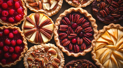 Fototapeta premium Assorted Delicious Mini Pies with Various Fruits and Nuts Perfect for Any Dessert Table or Bakery Display, Showcasing Tantalizing Sweet Treats for All Occasions