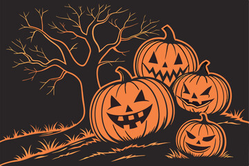 Halloween pumpkins, jack-o'-lanterns, glowing carved faces, eerie orange light, dark background, spooky atmosphere, multiple pumpkins, varied expressions, haunting smiles, photorealistic rendering, hi