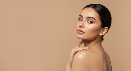 Beautiful Young Woman with Smooth Skin Tan Complexion and Dark Hair Posing Against Beige Background