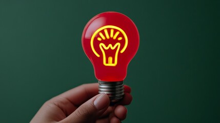 Red Lightbulb Idea: A hand holds a red lightbulb, illuminating with a bright yellow light, against a dark green background. The contrasting colors emphasize the moment of inspiration and innovation.